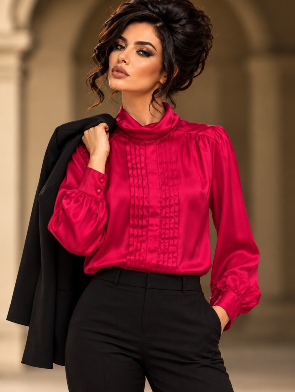 Vintage Tan Fay Fuchsia Pleated Blouse 70s 80s Retro